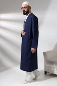 Lacivert Erkek Namaz Elbisesi V Yaka Düğmesiz Önü Açık Namaz Cübbesi - 6
