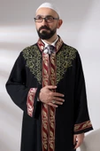 Siyah Hakim Yaka Erkek Namaz Elbisesi Şerit Nakış İşlemeli İmam Cübbesi - 6