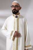 Krem Erkek Namaz Elbisesi Gül Desen İşlemeli Hakim Yaka İmam Cübbesi - 6