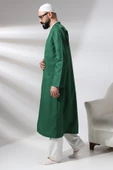 Yeşil Erkek Namaz Elbisesi V Yaka Düğmesiz Önü Açık Namaz Cübbesi - 4