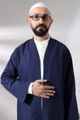 Lacivert Erkek Namaz Elbisesi V Yaka Düğmesiz Önü Açık Namaz Cübbesi - 7