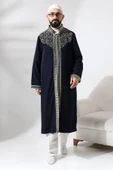 Lacivert Hakim Yaka Erkek Namaz Elbisesi Şerit Nakış İşlemeli İmam Cübbesi - 1