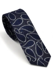 Füme Gri Şal Desenli Lacivert Dokuma Kumaş Mendilli Slim Fit Kravat  // SDK-240112 thumbnail 1