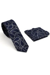 Füme Gri Şal Desenli Lacivert Dokuma Kumaş Mendilli Slim Fit Kravat  // SDK-240112 thumbnail 2