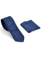 Mavi Desenli Lacivert Dokuma Kumaş Mendilli Slim Fit Kravat // SDK-240110 thumbnail 2