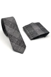 Füme Gri Verev Desenli Dokuma Kumaş Mendilli Slim Fit Kravat // SDK-240106 thumbnail 2