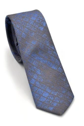 Mavi Kare Desenli Koyu Gri Dokuma Kumaş Mendilli Slim Fit Kravat // SDK-240104 thumbnail 1