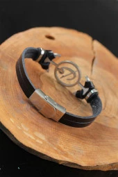 Silver Renk Elif Vav Çelik Aksesuarlı Siyah Renk Deri Erkek Bileklik - TJ-EB2538-KS - 2