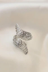 Ayarlamalı Silver Renk Metal Zirkon Taşlı Kanat Yüzük - TJ-BYK2033 - 1