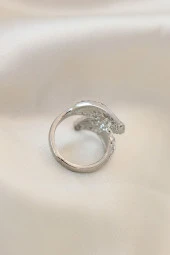 Ayarlamalı Silver Renk Metal Zirkon Taşlı Kanat Yüzük - TJ-BYK2033 - 2