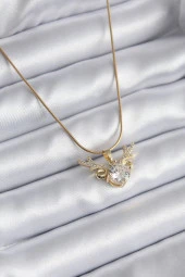 316L Çelik Gold Renk Zirkon Taşlı Boynuz Model Kadın Kolye - TJ-BKO8134 thumbnail 1