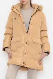 Kapşonu Kürklü Şişme Kaban Vizon - 4004.1555. - 1