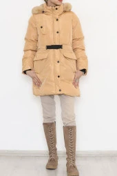 Kapşonu Kürklü Şişme Kaban Vizon - 4004.1555. - 2