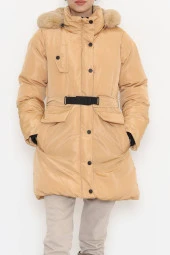 Kapşonu Kürklü Şişme Kaban Vizon - 4004.1555. - 3