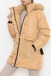 Kapşonu Kürklü Şişme Kaban Vizon - 4004.1555. - 5