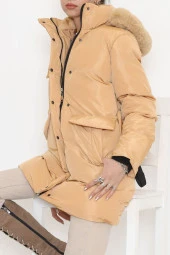 Kapşonu Kürklü Şişme Kaban Vizon - 4004.1555. - 7