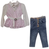 PİKOLİNE 1398 İP ASKILI KOT PANTOLONLU KIZ ÇOCUK TAKIM thumbnail 1
