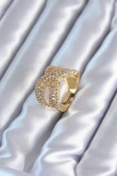 Zirkon Baget Sarmal Taşlı Gold Renk Ayarlanabilir Kadın Yüzük - TJ-BYK2795 thumbnail 1