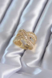 Zirkon Baget Sarmal Taşlı Gold Renk Ayarlanabilir Kadın Yüzük - TJ-BYK2795 thumbnail 2