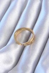 316L Çelik Gold Renk Zirkon Taşlı Romen Rakam İşleme Kadın Yüzük - TJ-BYK2764 thumbnail 2