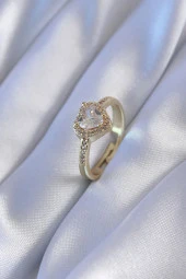 Gold Renk Zirkon Taşlı Kalp Model Pirinç Charm Kadın Yüzük - TJ-BYK2741 - 1