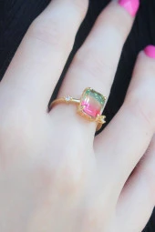 Gold Renk Renkli Zirkon Taşlı Pirinç Kadın Yüzük - TJ-BYK2659 thumbnail 2