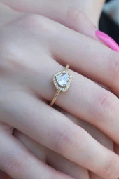 Gold Renk Zirkon Taşlı Kalp Model Charm Pirinç Kadın Yüzük - TJ-BYK2654 thumbnail 2