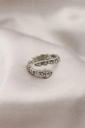 Gümüş Renk Metal Yılan Tasarımlı Taşlı Kadın Yüzük - TJ-BYK2196 thumbnail 1