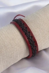Bordo Renk Siyah İpli Deri Erkek Bileklik - TJ-EB3579 - 1