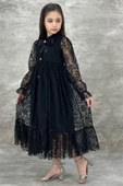 Kız Çocuk Boydan Düğmeli Dantel İşlemeli Siyah Elbise thumbnail 4