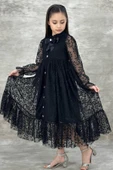 Kız Çocuk Boydan Düğmeli Dantel İşlemeli Siyah Elbise thumbnail 2