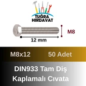 Çelik Cıvata 8X12 DIN933 Beyaz 50 Adet 8.8 Altıköşe - 2