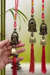 Çin Feng Shui Şans ve Bereket Metal Çan Buda 30 cm thumbnail 6