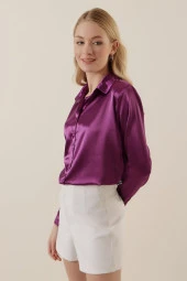 3964 Hafif Dökümlü Saten Gömlek - Y. Mor - 3