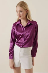 3964 Hafif Dökümlü Saten Gömlek - Y. Mor - 4