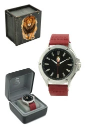 Galatasaray Orijinal Kırmızı Deri Kordonlu Kol Saati Hediyelik Ahşap Kutulu - 1