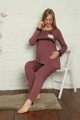 Moda Çizgi Kadın Hamile Lohusa Mürdüm  Pijama Takımı 45201 - 1