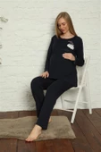 Moda Çizgi Kadın Hamile Lohusa Lacivert  Pijama Takımı 45201 - 4