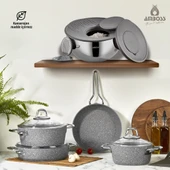 Amboss 12 Parça Paslanmaz Çelik Çok Amaçlı Kase ve Yanmaz Yapışmaz 7 Parça Granit Tencere Seti - 1