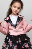 Kız Çocuk Çiçek Desenli KatKat, Atlas Kumaş Etek Pudra Ceket Etekli Takım thumbnail 2