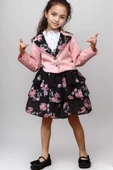 Kız Çocuk Çiçek Desenli KatKat, Atlas Kumaş Etek Pudra Ceket Etekli Takım thumbnail 1