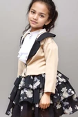 Kız Çocuk Çiçek Desenli KatKat, Atlas Kumaş Etek Bej Ceket Etekli Takım thumbnail 3