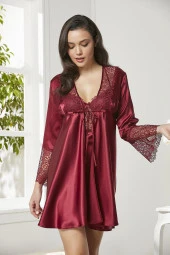 Saten Gecelik Sabahlık Pijama Takım Şort Takım 6'lı Gelin Çeyiz Seti - 6625 thumbnail 1