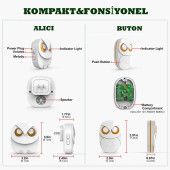 TechTic 1Buton 1Alıcı Kablosuz Kapı Zili Baykuş Şekilli Işıklı Uzun Mesafeli(300 Metre) Ev Ofis Depo(Beyaz) - 1