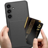Vendas Samsung Galaxy S24 Plus Suni Deri Arka Yüzey Sürgülü Kamera Korumalı Zore Kartlıklı Kıpta Silikon Kapak - 6