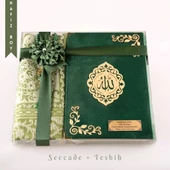 Seccade + Tesbih + Kuran Hediye Seti (Hafız Boy, Kadife, Zeytin Yeşili, Lafzatullah) thumbnail 1