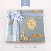 Seccade + Tesbih + Kuran Hediye Seti (Orta Boy, Kadife, Açık Mavi, Lafzatullah) thumbnail 1