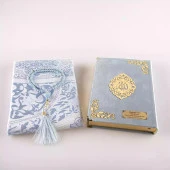 Seccade + Tesbih + Kuran Hediye Seti (Orta Boy, Kadife, Açık Mavi, Lafzatullah) thumbnail 3