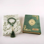 Seccade + Tesbih + Kuran Hediye Seti (Hafız Boy, Kadife, Zeytin Yeşili, Lafzatullah) thumbnail 3