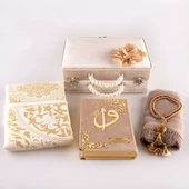 Boncuklu Kutu Çeyizlik, Şal + Seccade + Tesbih + Kuran Hediye Seti (Orta B. Kadife, Vizon) thumbnail 4